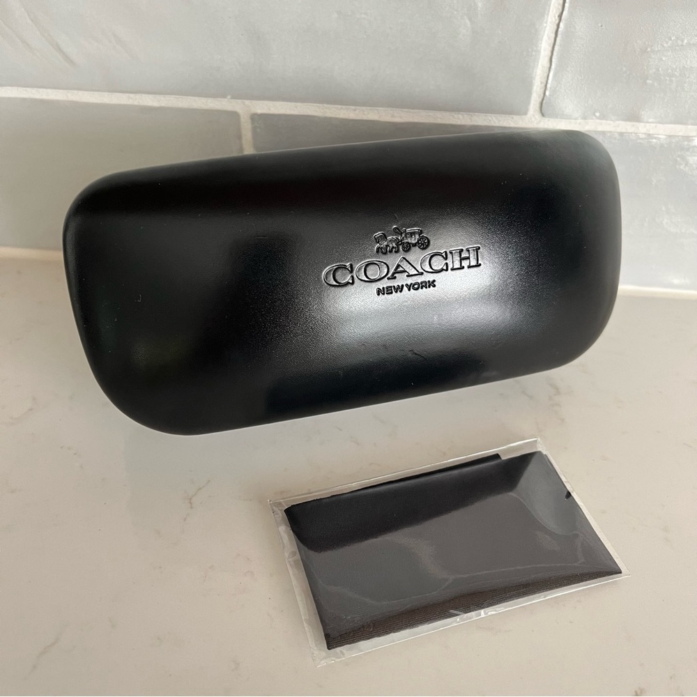 NEW Coach Shiny Black Rectangle Large Hard Clamshell Dome Sunglass Case & Cloth